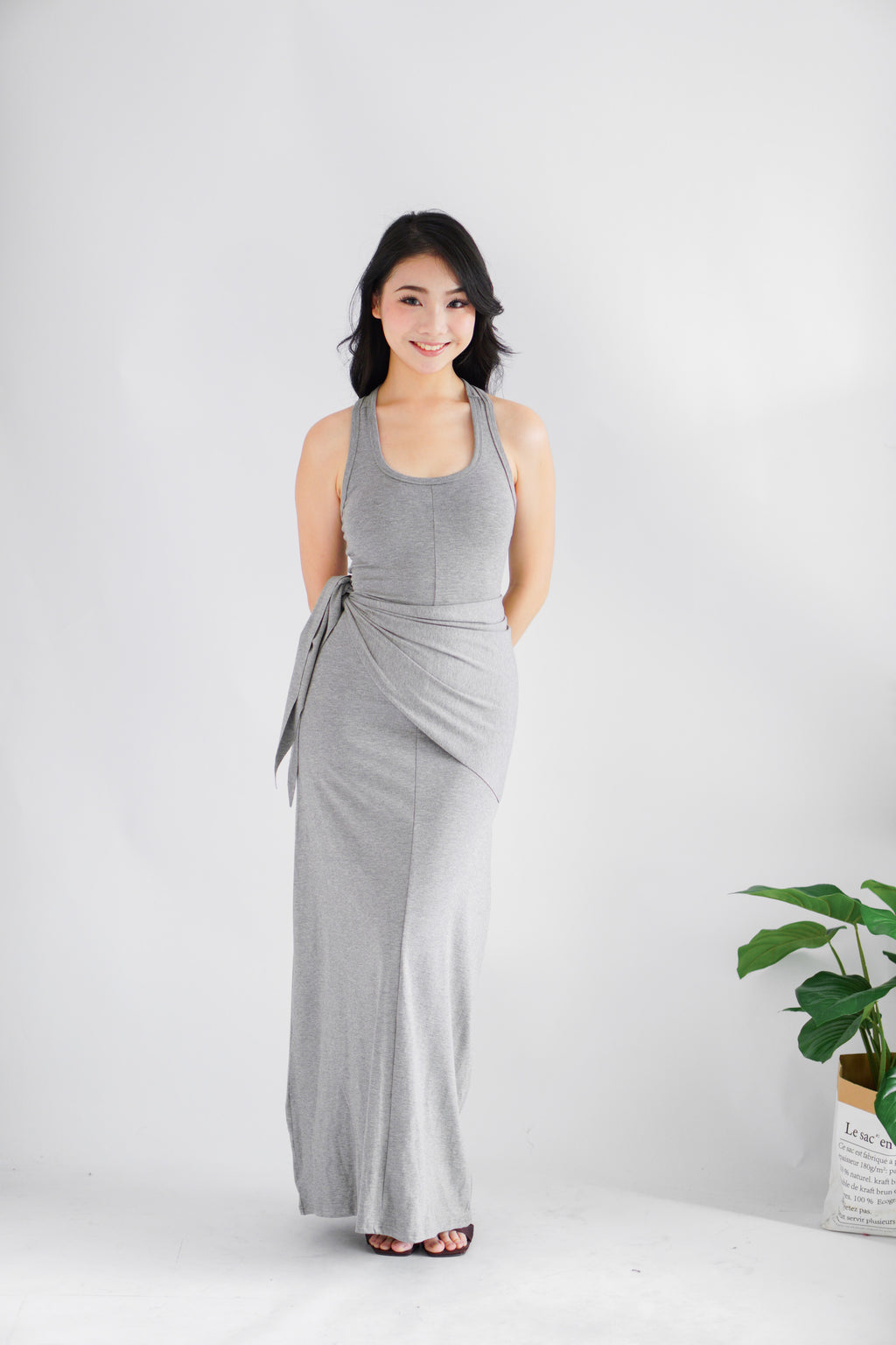 Astrid Halter Neck Bodycon Maxi Dress with Self Tied Scarf in Grey