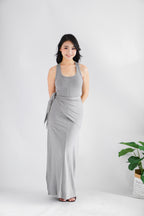 Astrid Halter Neck Bodycon Maxi Dress with Self Tied Scarf in Grey