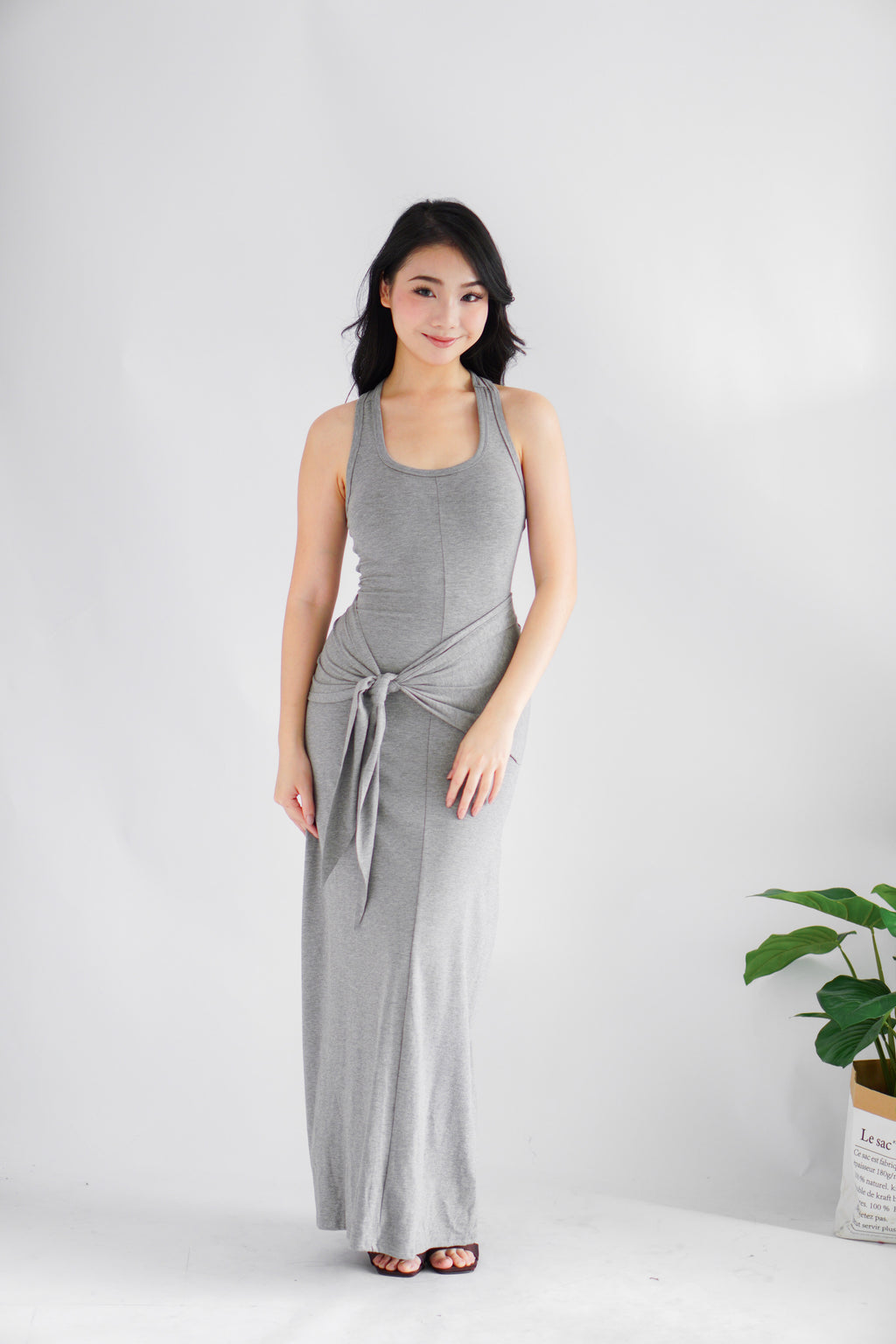 Astrid Halter Neck Bodycon Maxi Dress with Self Tied Scarf in Grey