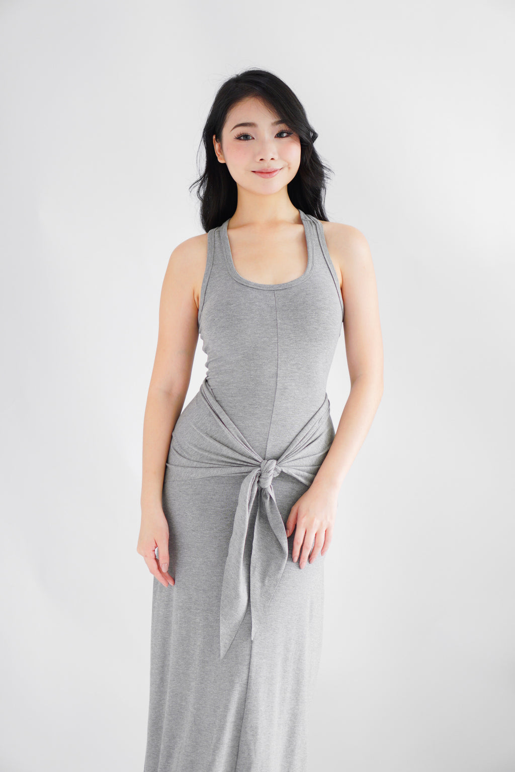 Astrid Halter Neck Bodycon Maxi Dress with Self Tied Scarf in Grey