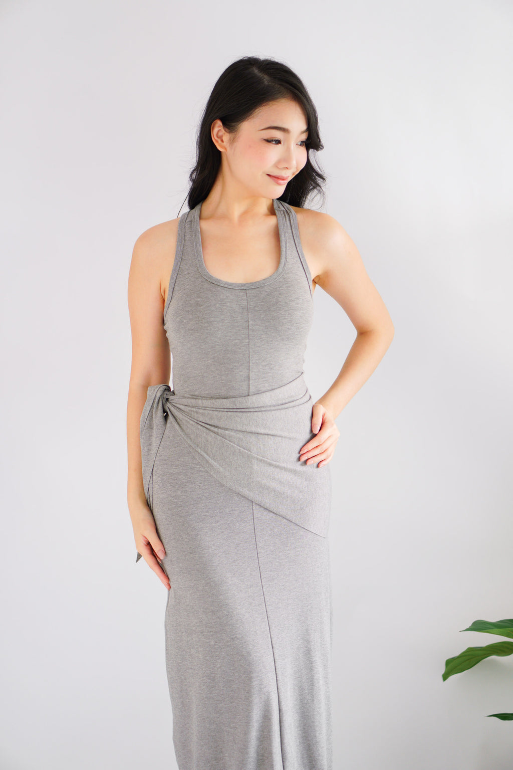 Astrid Halter Neck Bodycon Maxi Dress with Self Tied Scarf in Grey