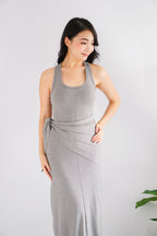 Astrid Halter Neck Bodycon Maxi Dress with Self Tied Scarf in Grey
