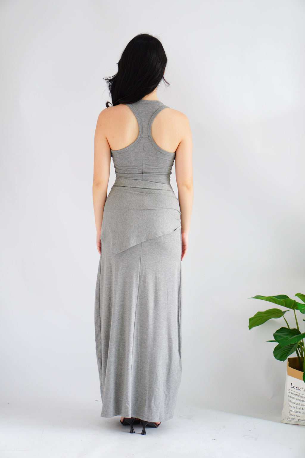 Astrid Halter Neck Bodycon Maxi Dress with Self Tied Scarf in Grey