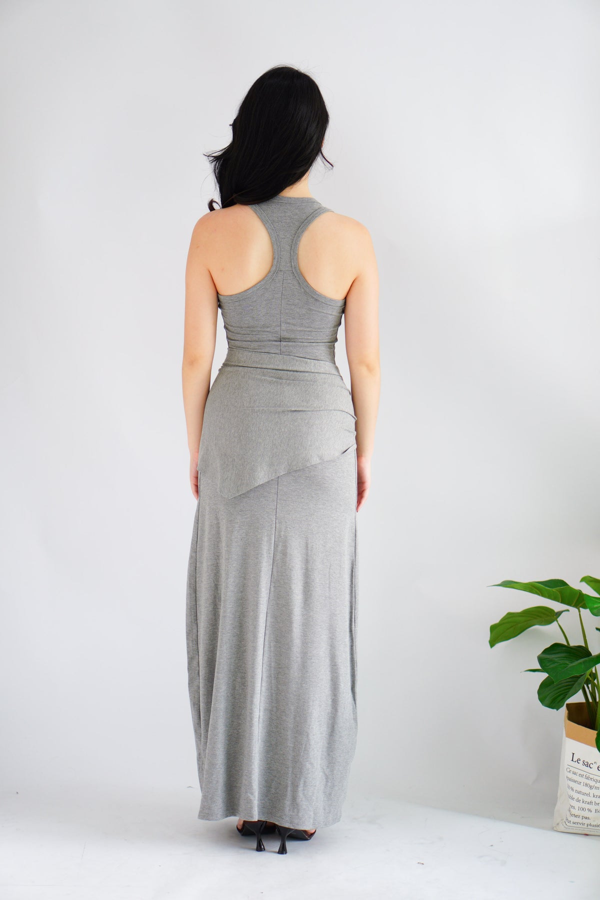 Astrid Halter Neck Bodycon Maxi Dress with Self Tied Scarf in Grey