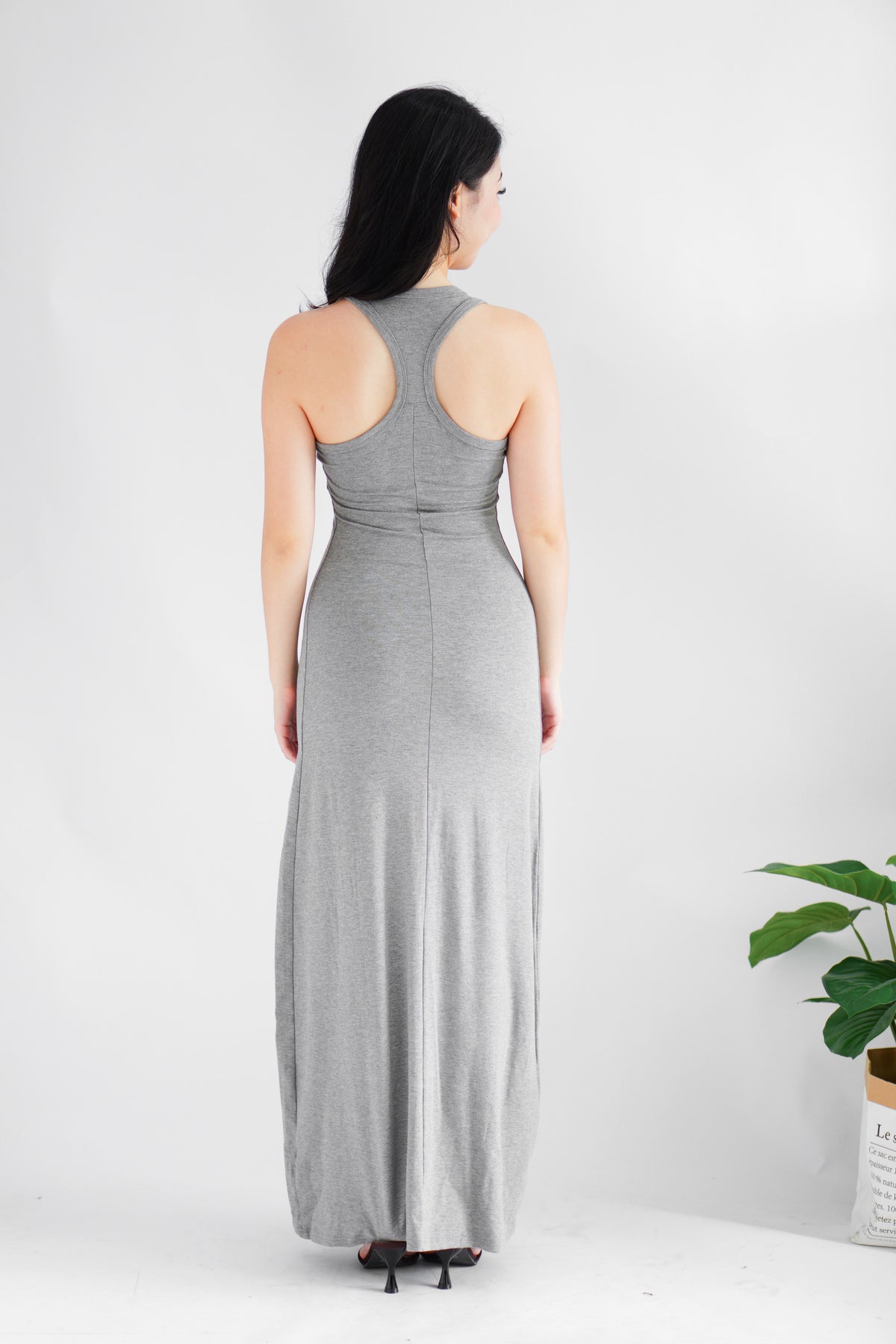 Astrid Halter Neck Bodycon Maxi Dress with Self Tied Scarf in Grey