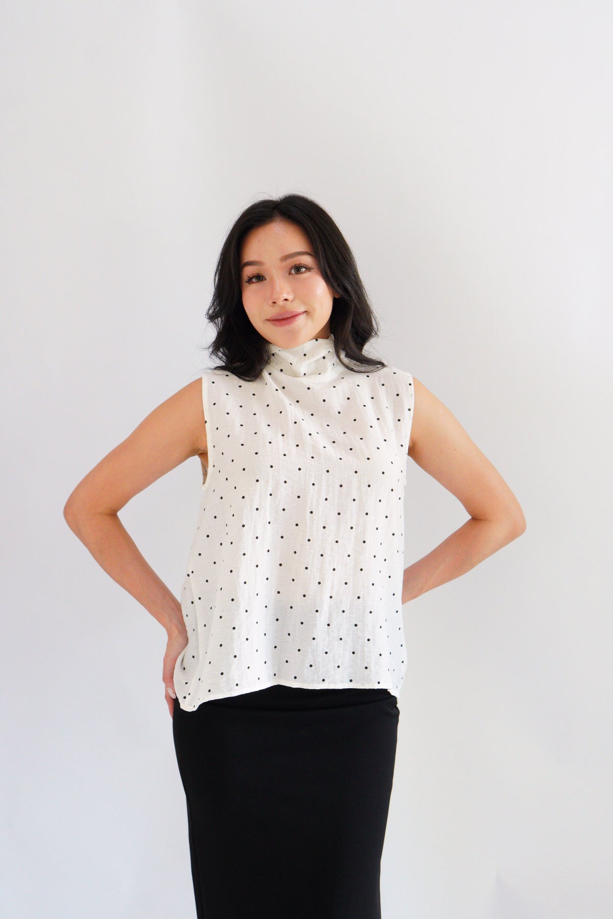(BACKORDER) Milimay Choker Tie Neck Polkadot Top in White