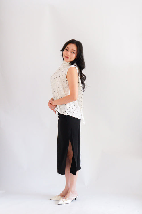 (BACKORDER) Milimay Choker Tie Neck Polkadot Top in White