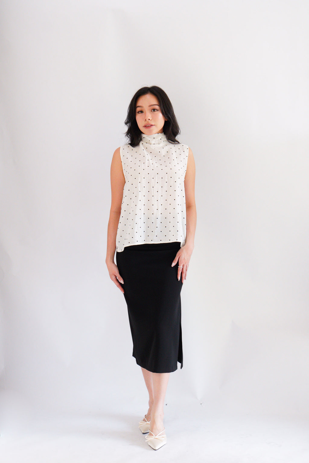 (BACKORDER) Milimay Choker Tie Neck Polkadot Top in White