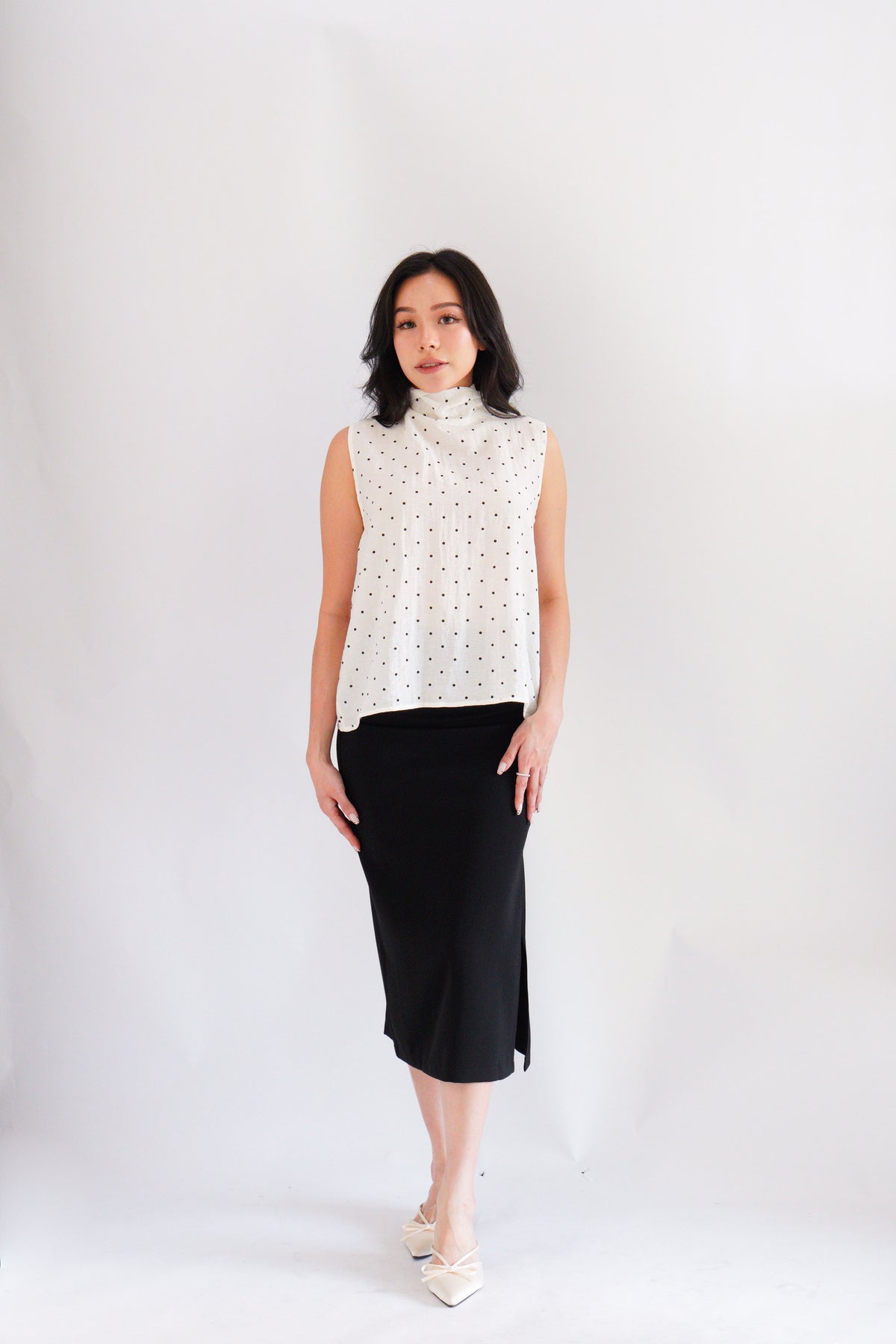 (BACKORDER) Milimay Choker Tie Neck Polkadot Top in White