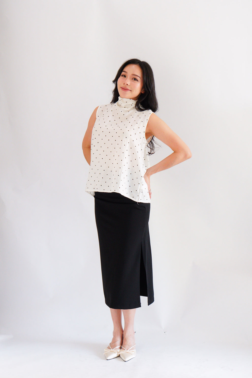 (BACKORDER) Milimay Choker Tie Neck Polkadot Top in White