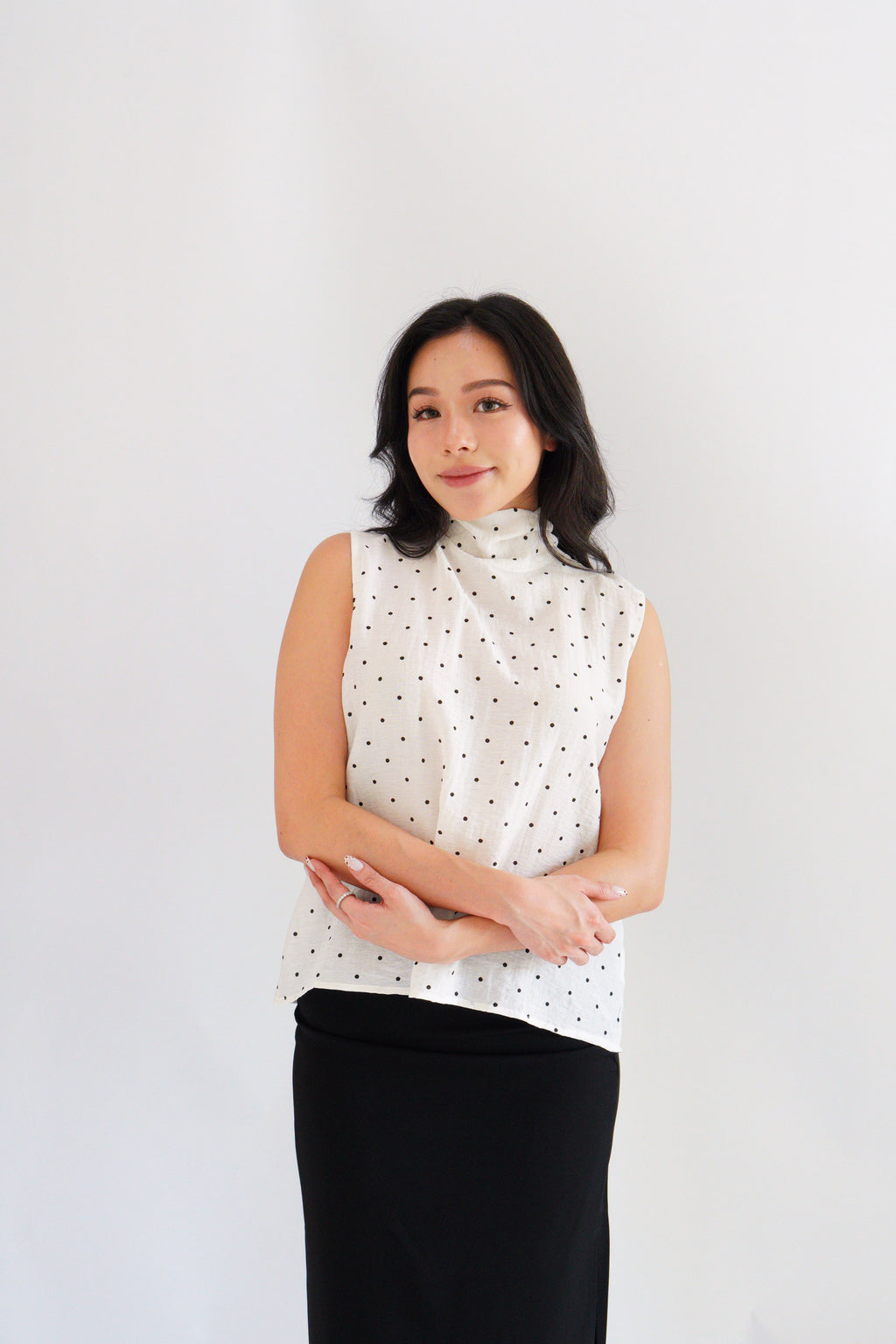 (BACKORDER) Milimay Choker Tie Neck Polkadot Top in White