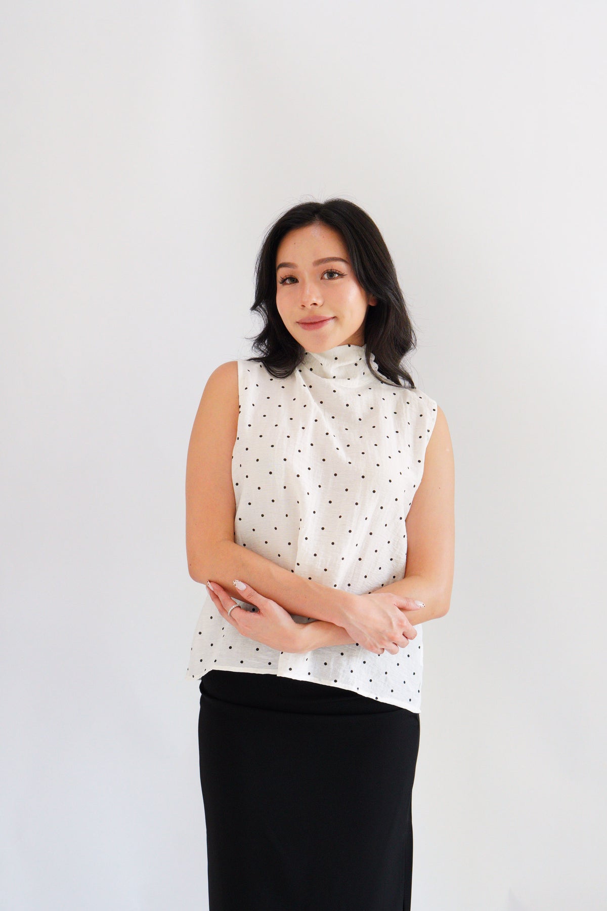 (BACKORDER) Milimay Choker Tie Neck Polkadot Top in White