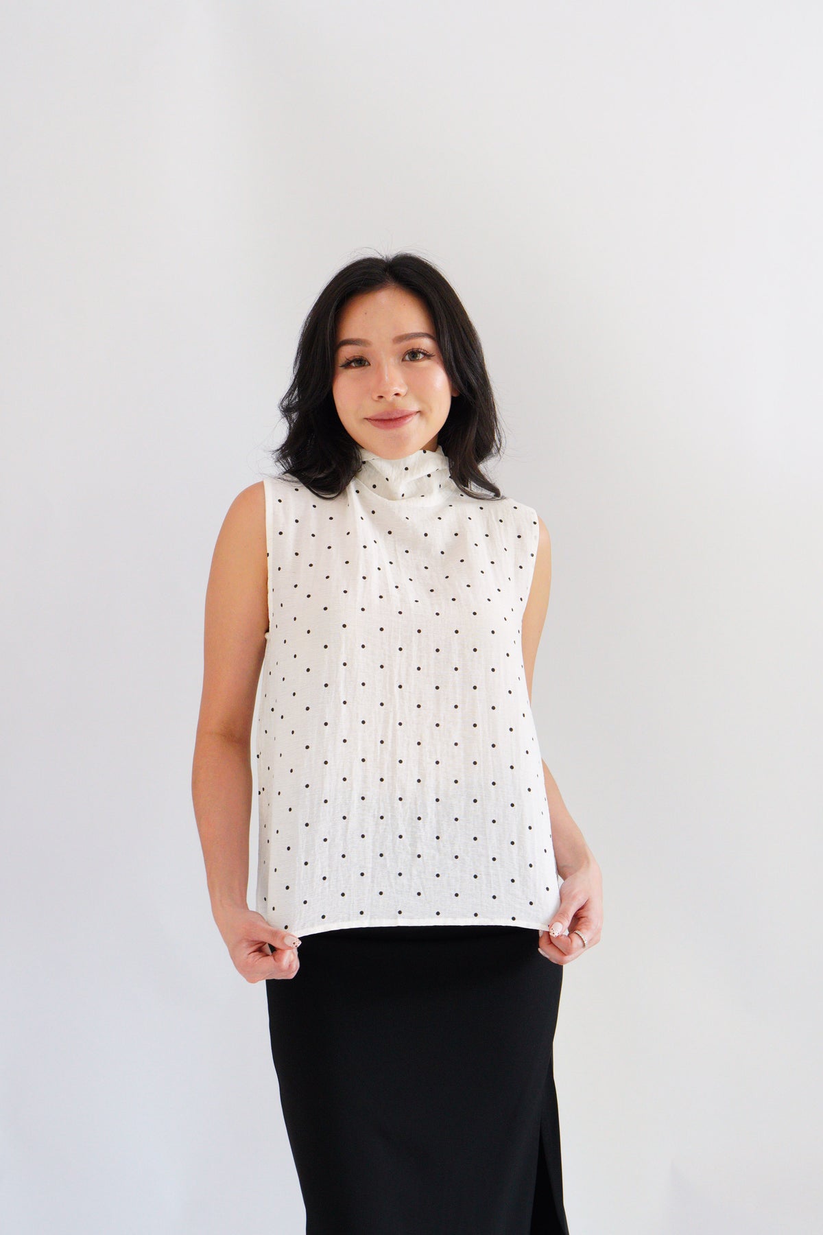(BACKORDER) Milimay Choker Tie Neck Polkadot Top in White