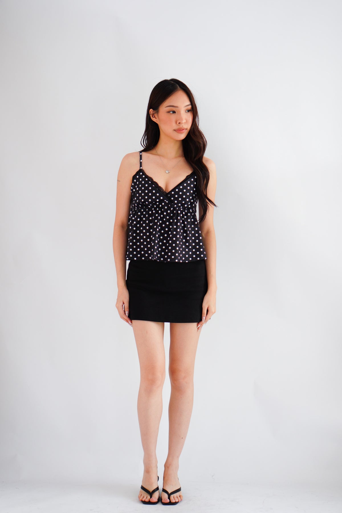 Angie Polkadot Deep V Babydoll Top in Black