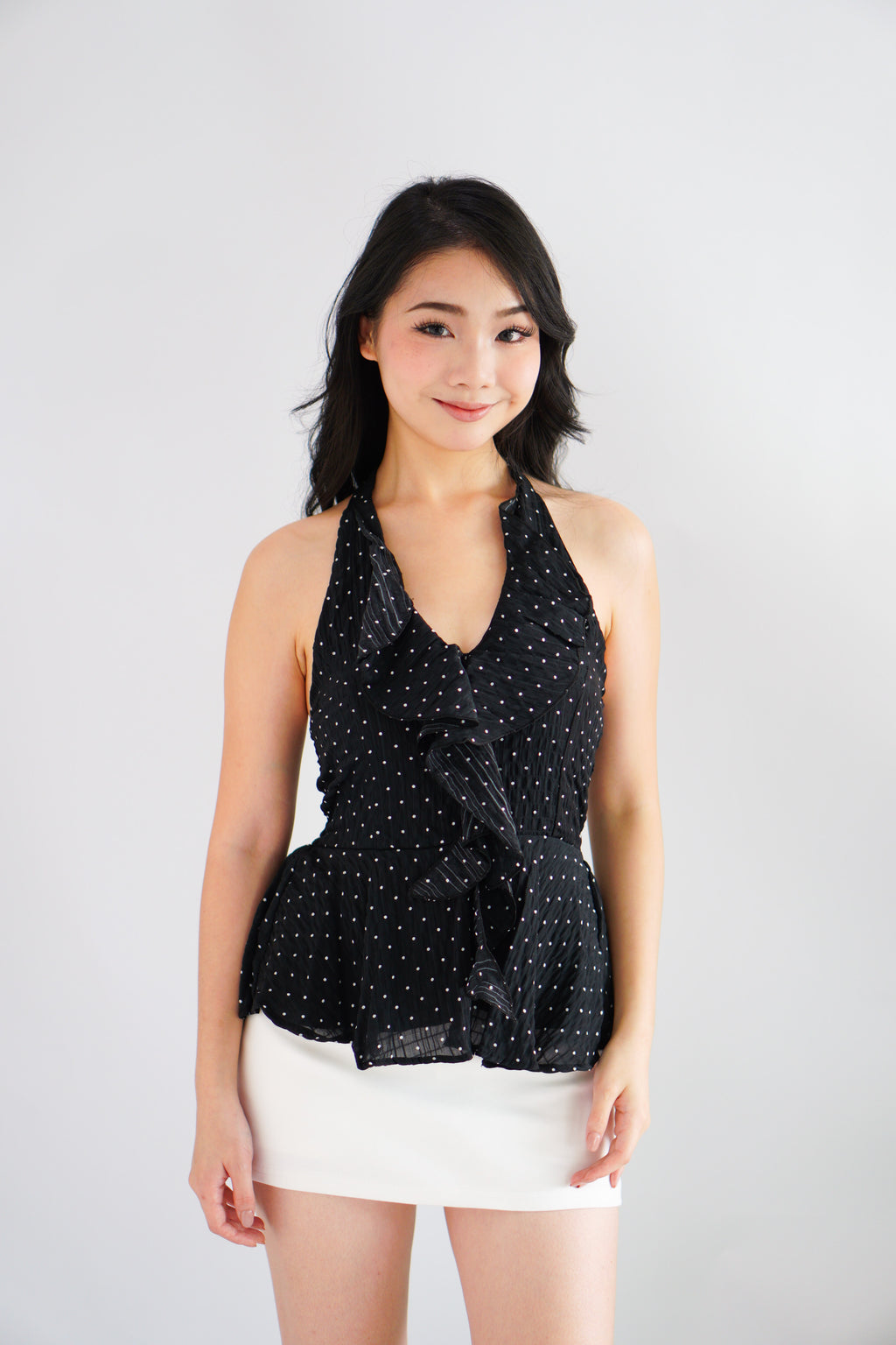 Tixi Polkadot Halter Neck Top with Ruffles in Black