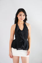 Tixi Polkadot Halter Neck Top with Ruffles in Black