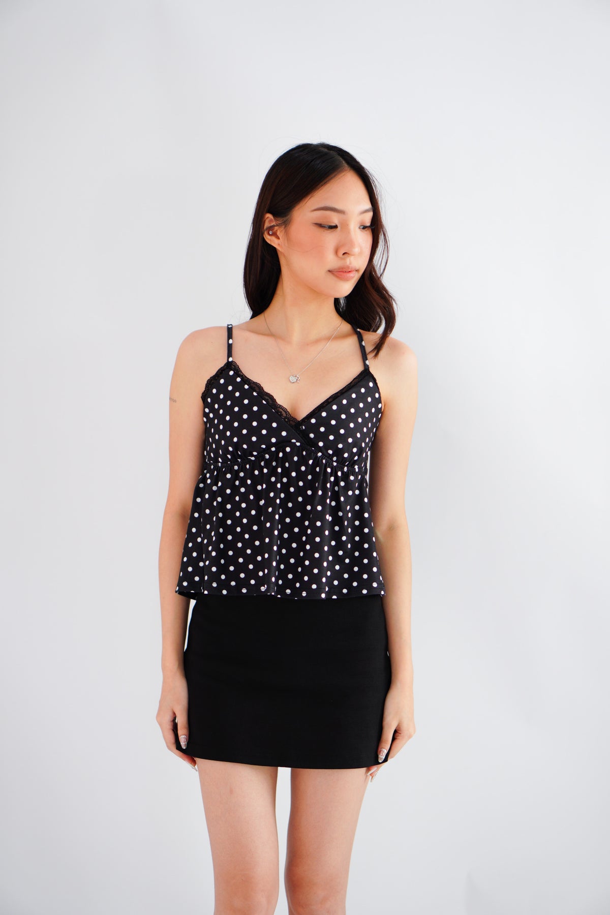 Angie Polkadot Deep V Babydoll Top in Black