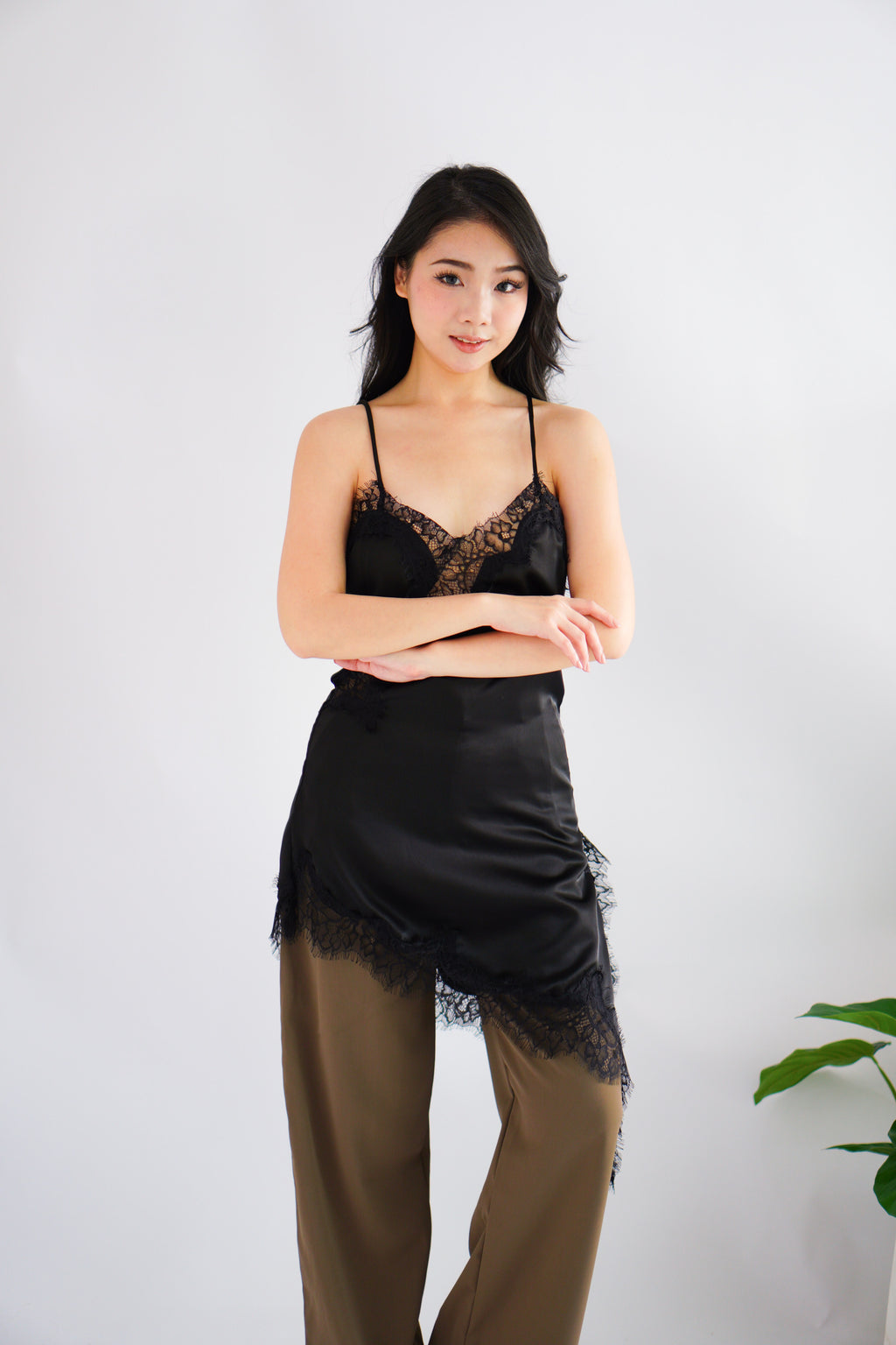 Nicolette Asymmetrical Lace Camisole Top in Black