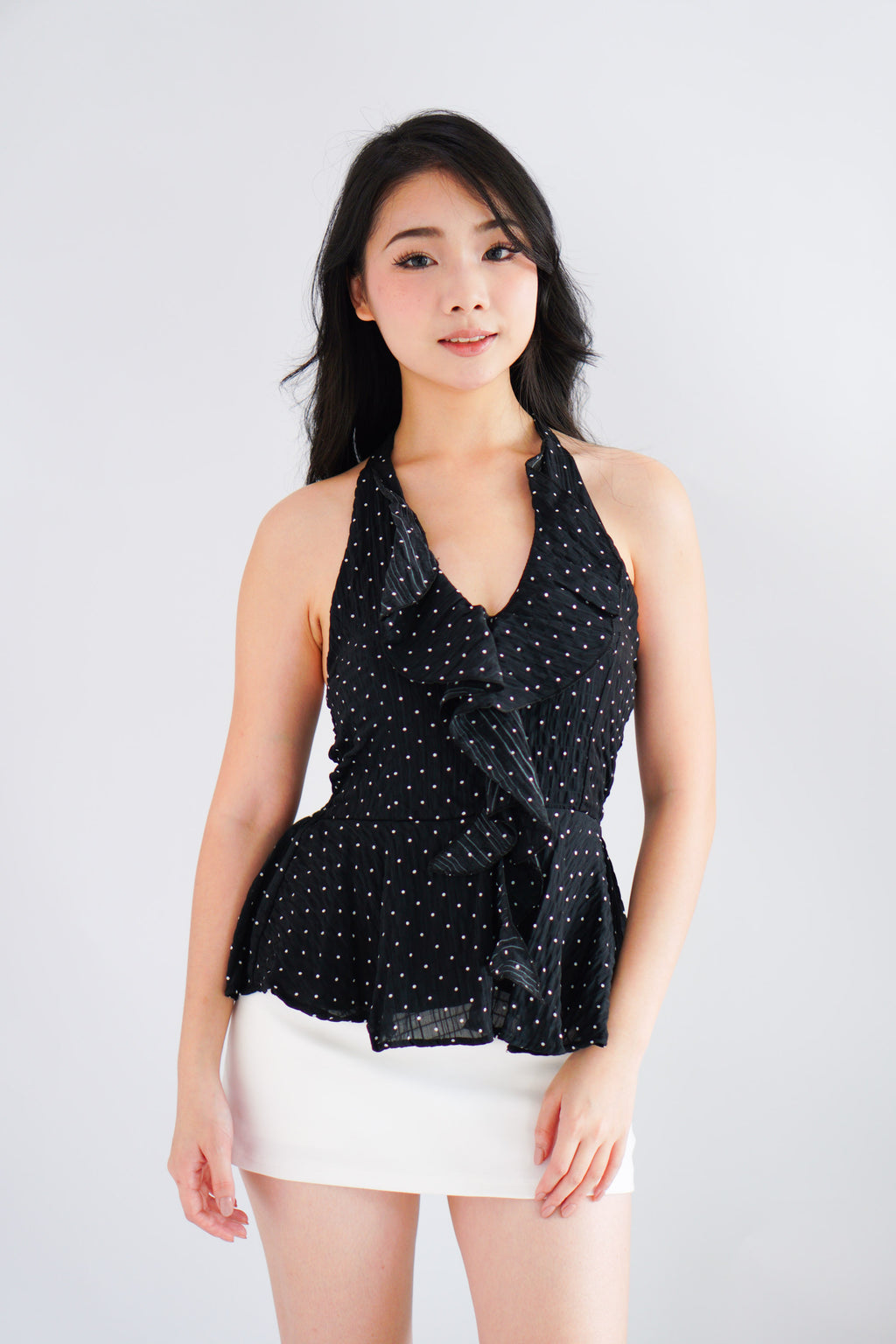 Tixi Polkadot Halter Neck Top with Ruffles in Black