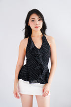 Tixi Polkadot Halter Neck Top with Ruffles in Black