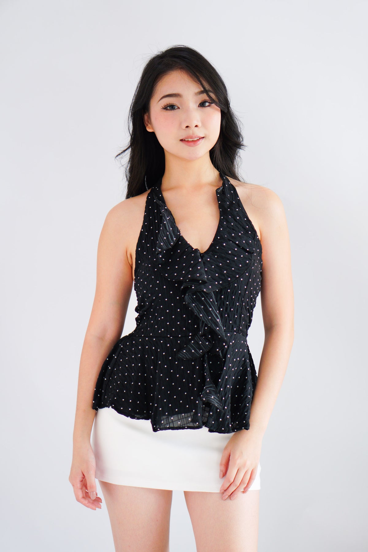 Tixi Polkadot Halter Neck Top with Ruffles in Black