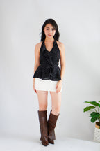 Tixi Polkadot Halter Neck Top with Ruffles in Black