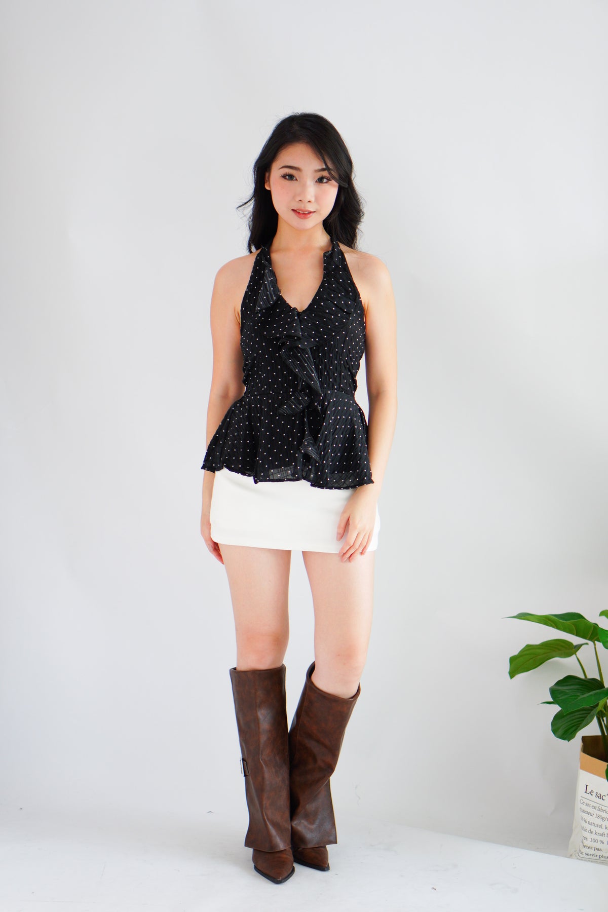 Tixi Polkadot Halter Neck Top with Ruffles in Black