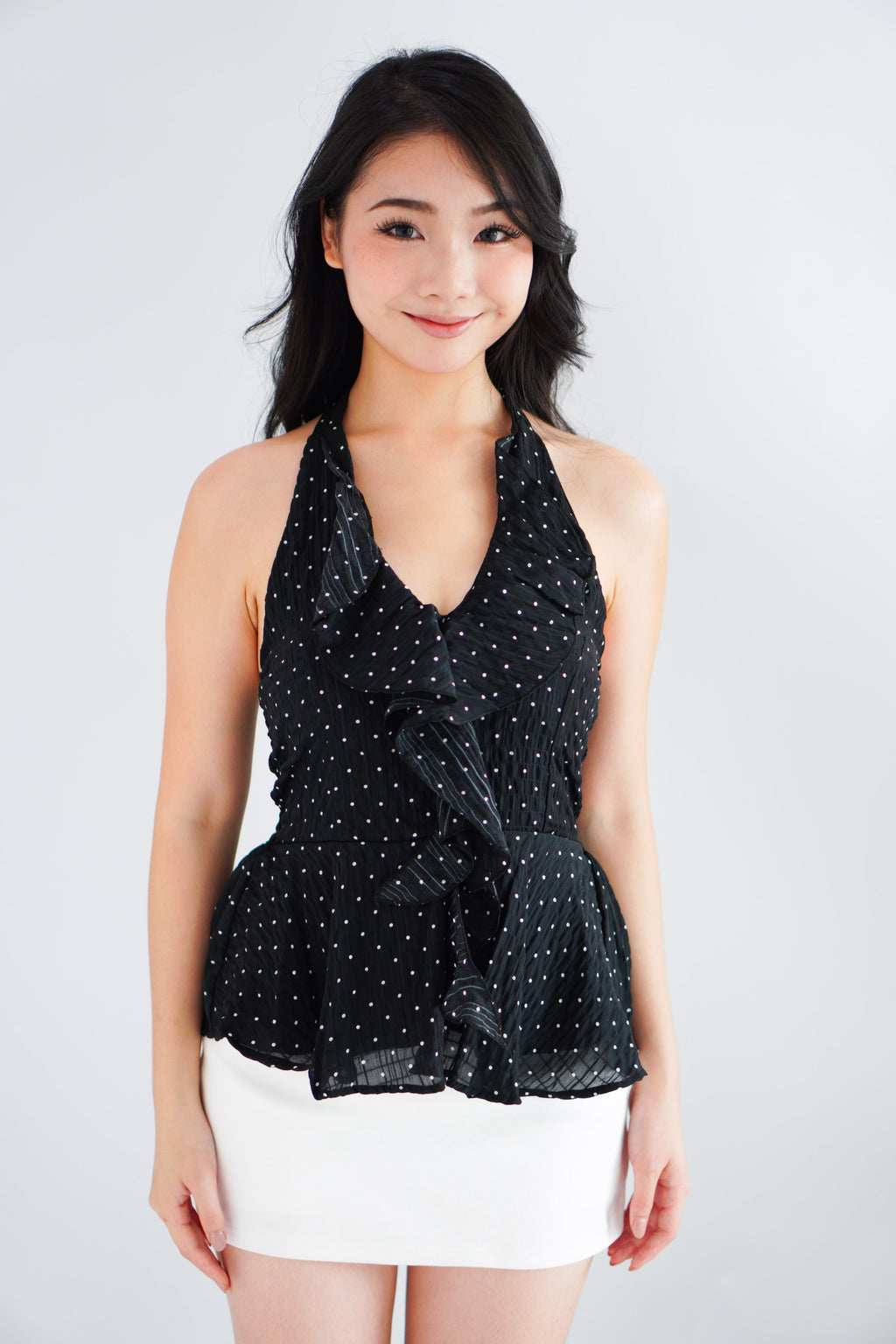 Tixi Polkadot Halter Neck Top with Ruffles in Black