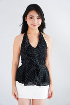 Tixi Polkadot Halter Neck Top with Ruffles in Black