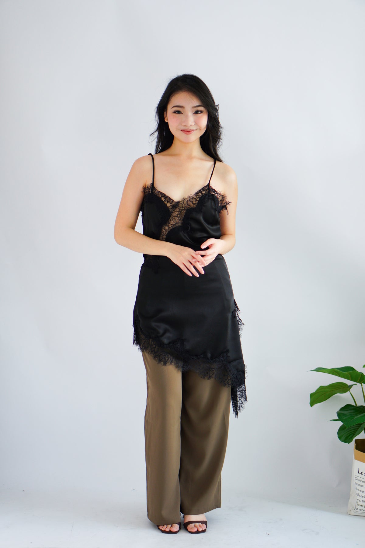 Nicolette Asymmetrical Lace Camisole Top in Black