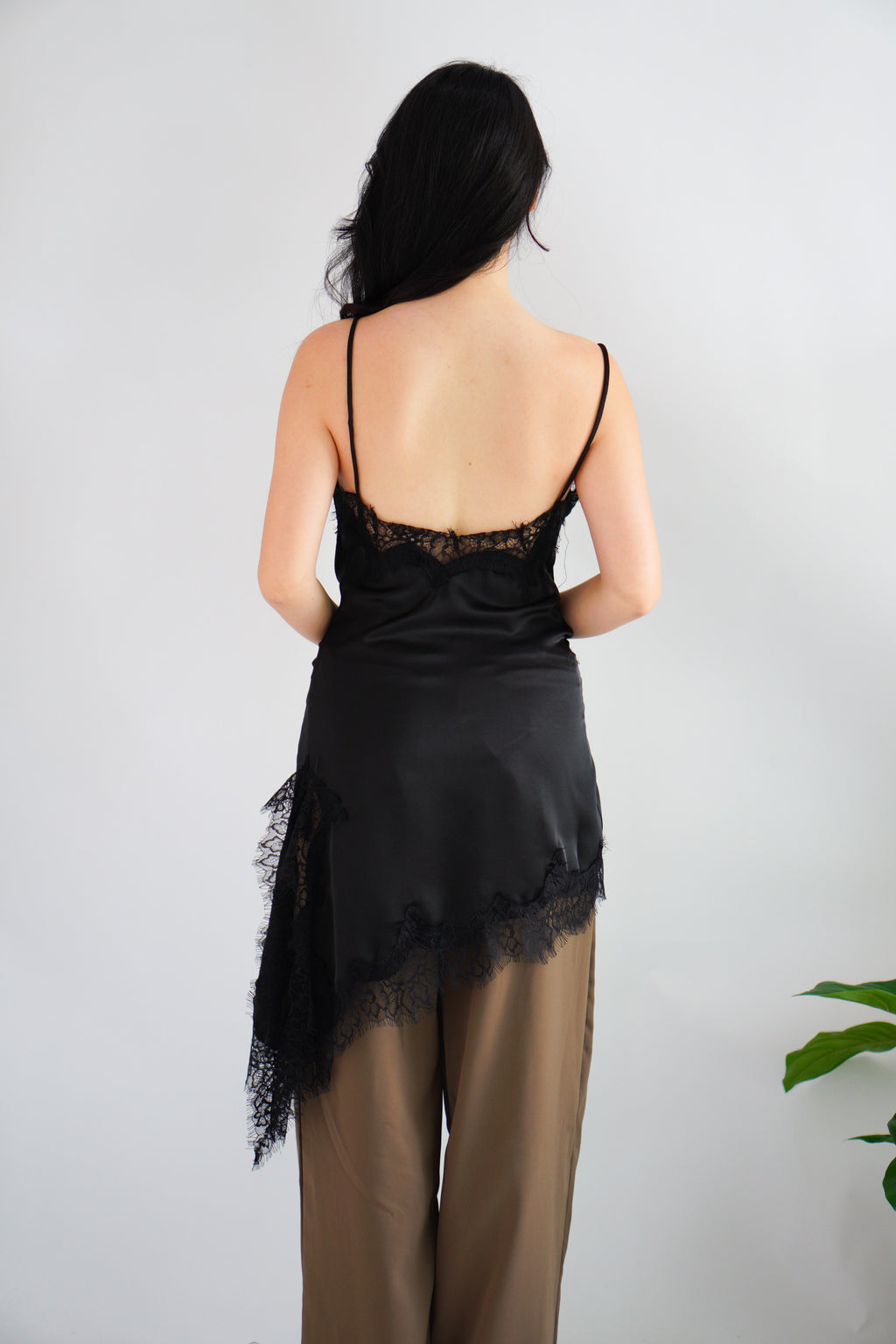 Nicolette Asymmetrical Lace Camisole Top in Black