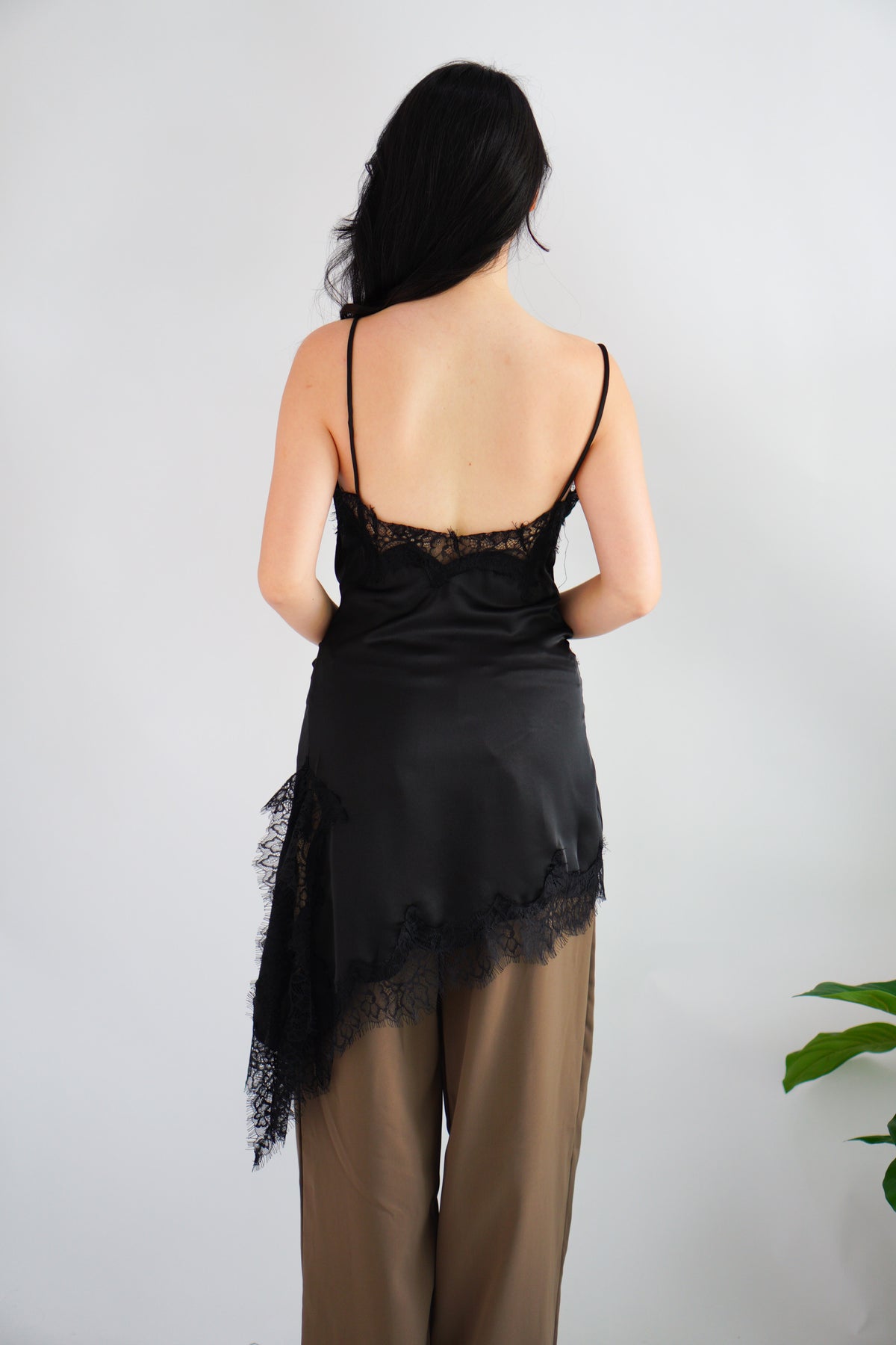 Nicolette Asymmetrical Lace Camisole Top in Black