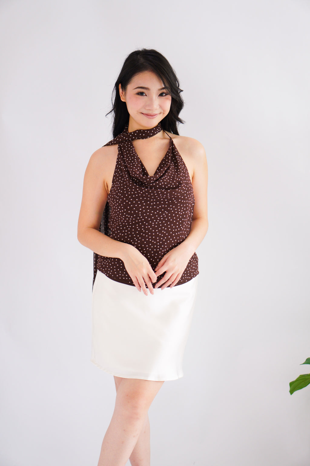Anja Polkadot Choker Cowl Neck Top in Brown