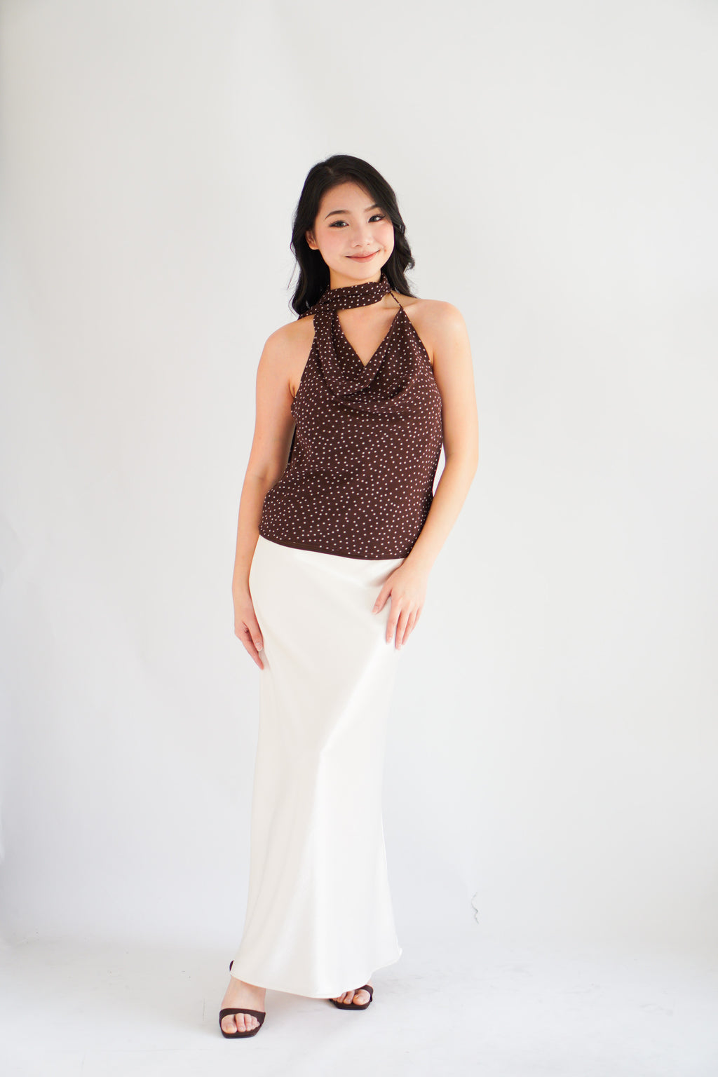 Anja Polkadot Choker Cowl Neck Top in Brown