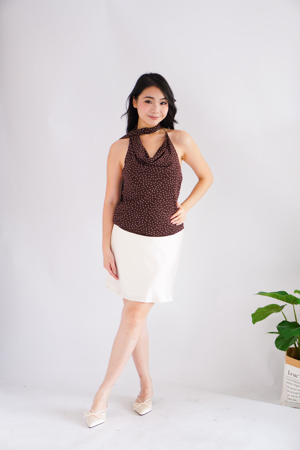 Anja Polkadot Choker Cowl Neck Top in Brown