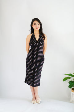 Gaelle Polkadot Self Tied Halter Neck Dress in Black