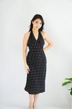 Gaelle Polkadot Self Tied Halter Neck Dress in Black