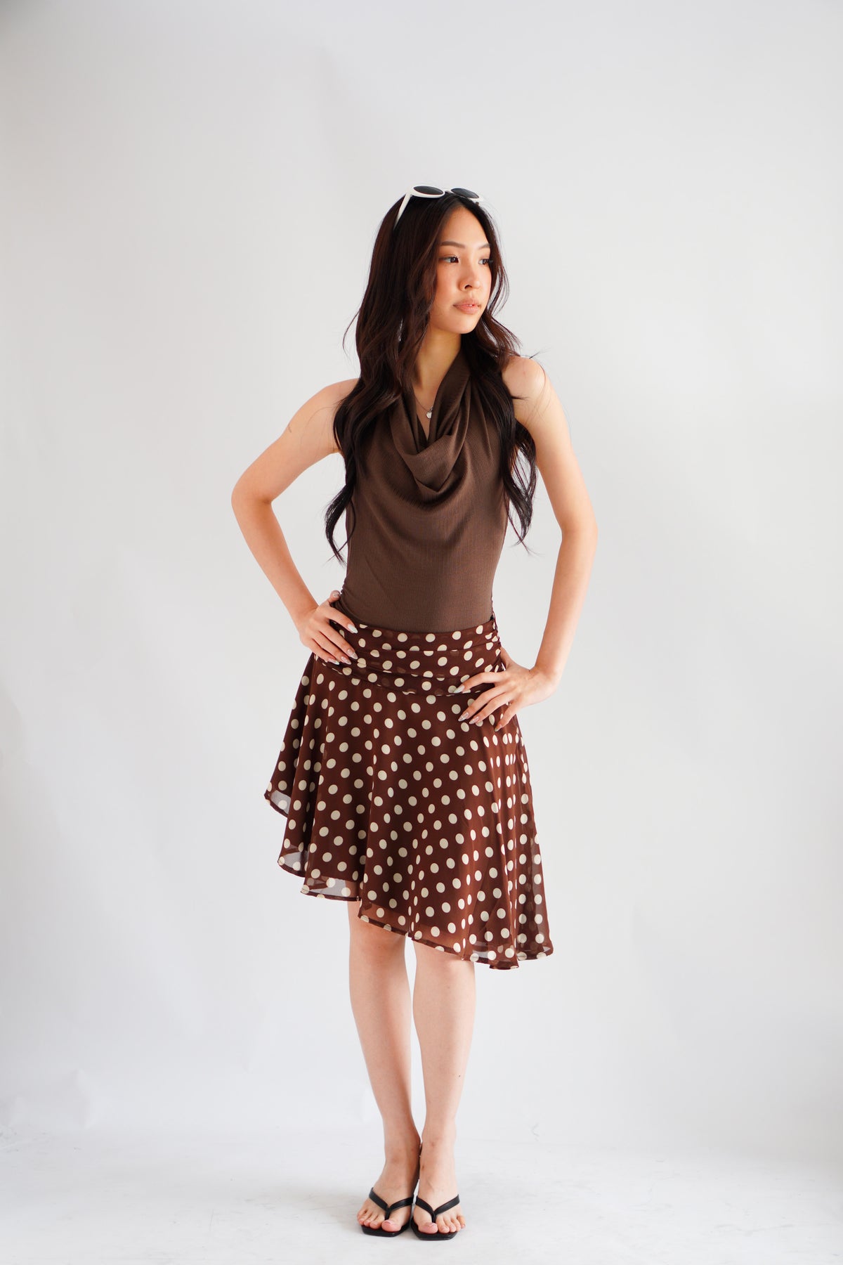 Royenne Asymmetrical Polkadot Skirt in Brown