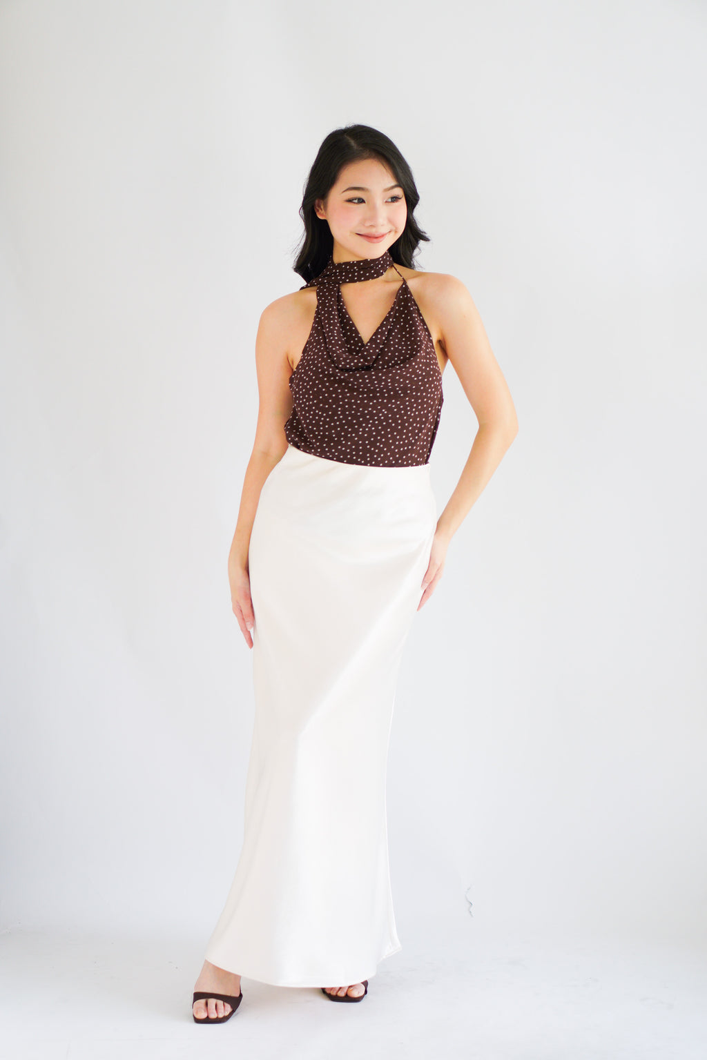 Anja Polkadot Choker Cowl Neck Top in Brown
