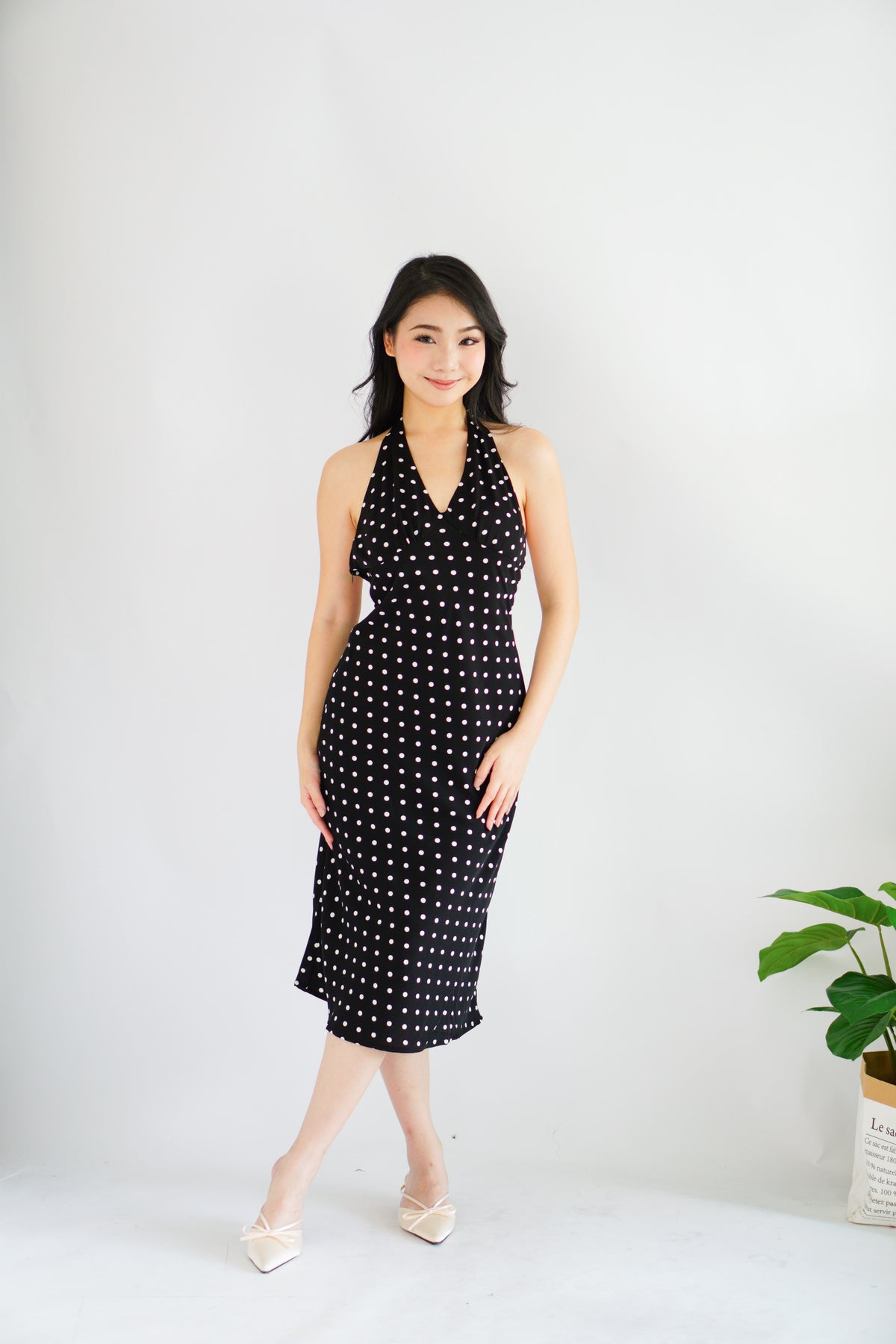 Gaelle Polkadot Self Tied Halter Neck Dress in Black