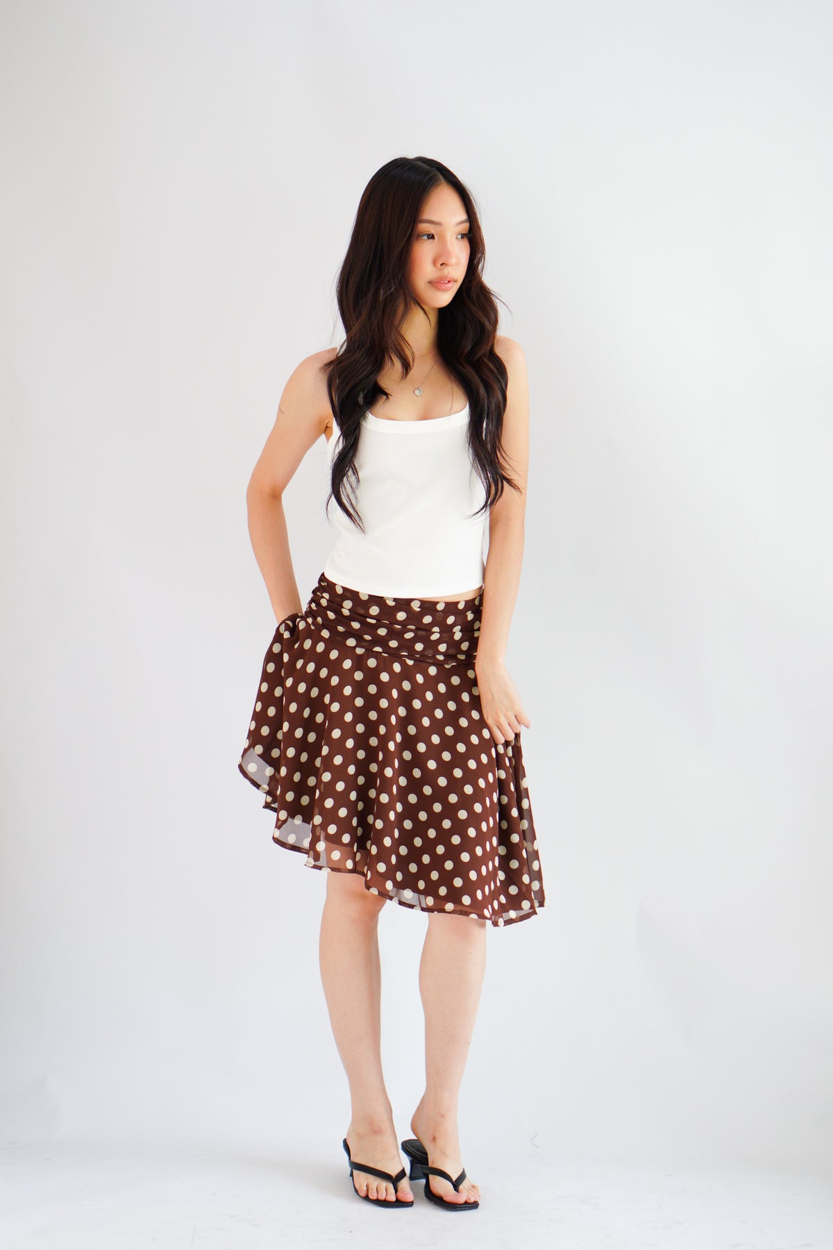 Royenne Asymmetrical Polkadot Skirt in Brown