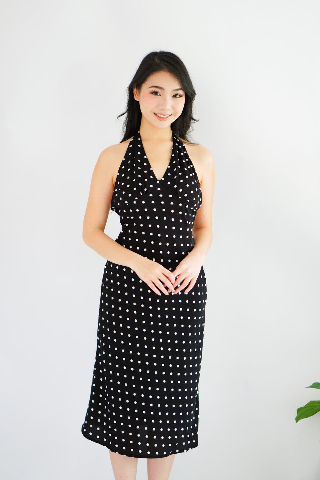 Gaelle Polkadot Self Tied Halter Neck Dress in Black