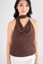 Anja Polkadot Choker Cowl Neck Top in Brown
