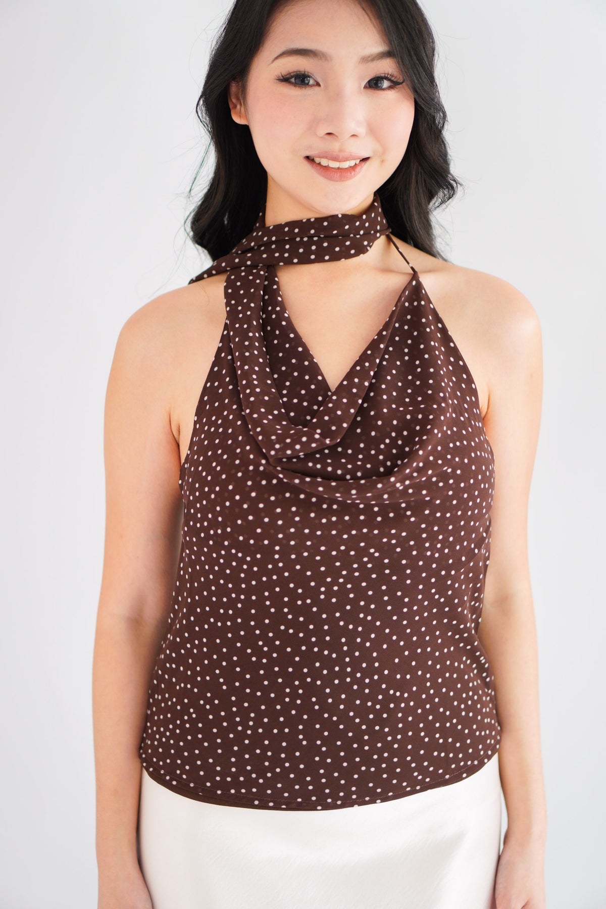 Anja Polkadot Choker Cowl Neck Top in Brown