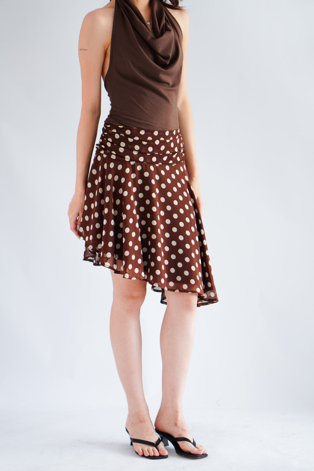 Royenne Asymmetrical Polkadot Skirt in Brown