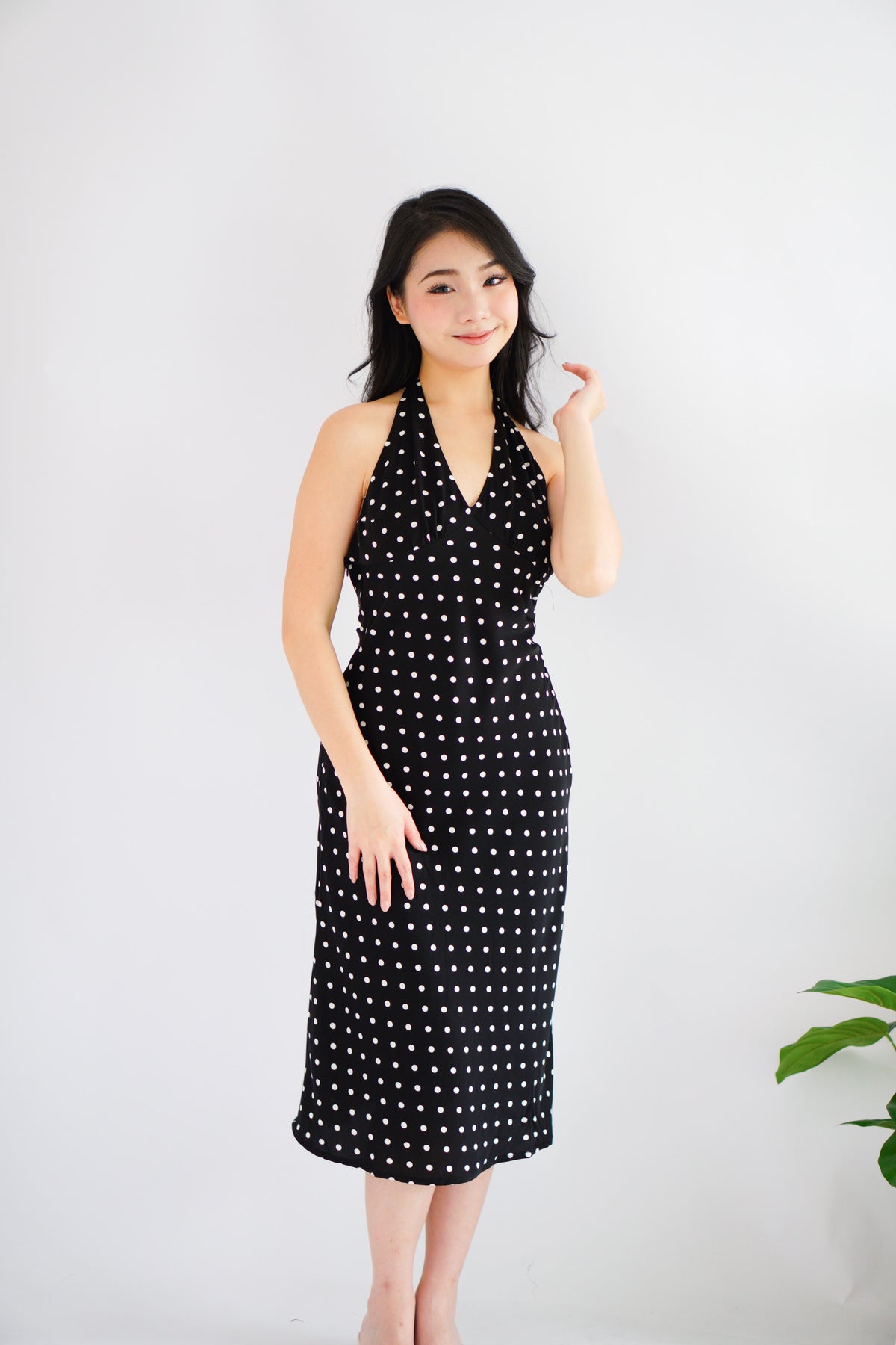 Gaelle Polkadot Self Tied Halter Neck Dress in Black