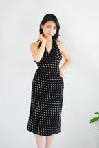Gaelle Polkadot Self Tied Halter Neck Dress in Black