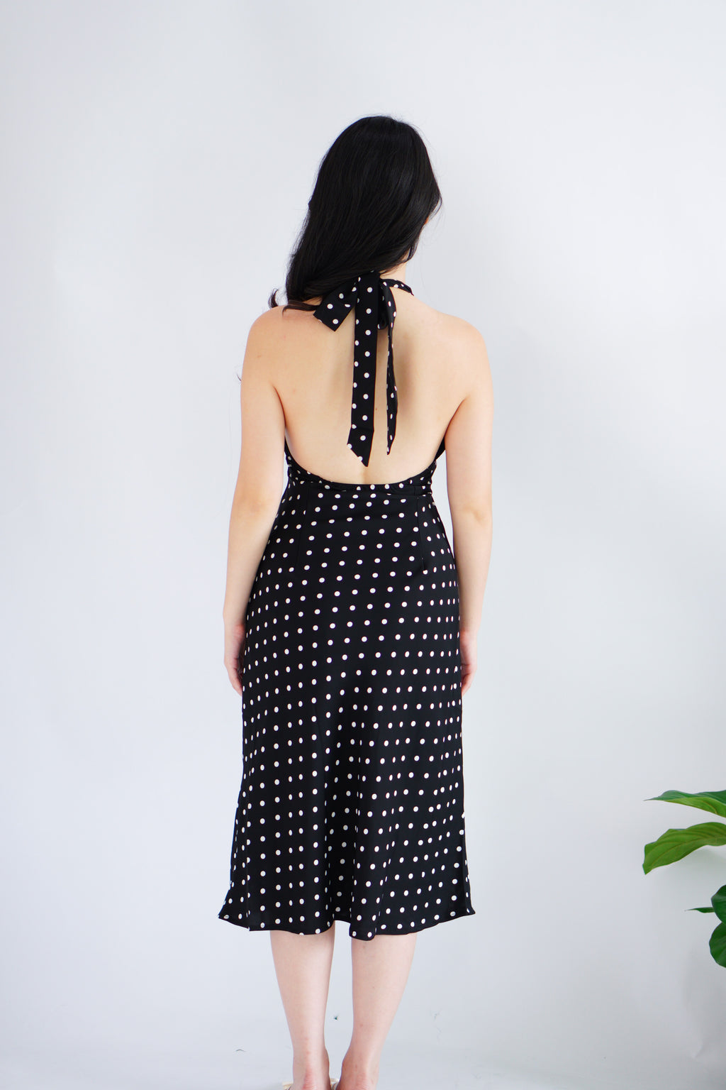 Gaelle Polkadot Self Tied Halter Neck Dress in Black