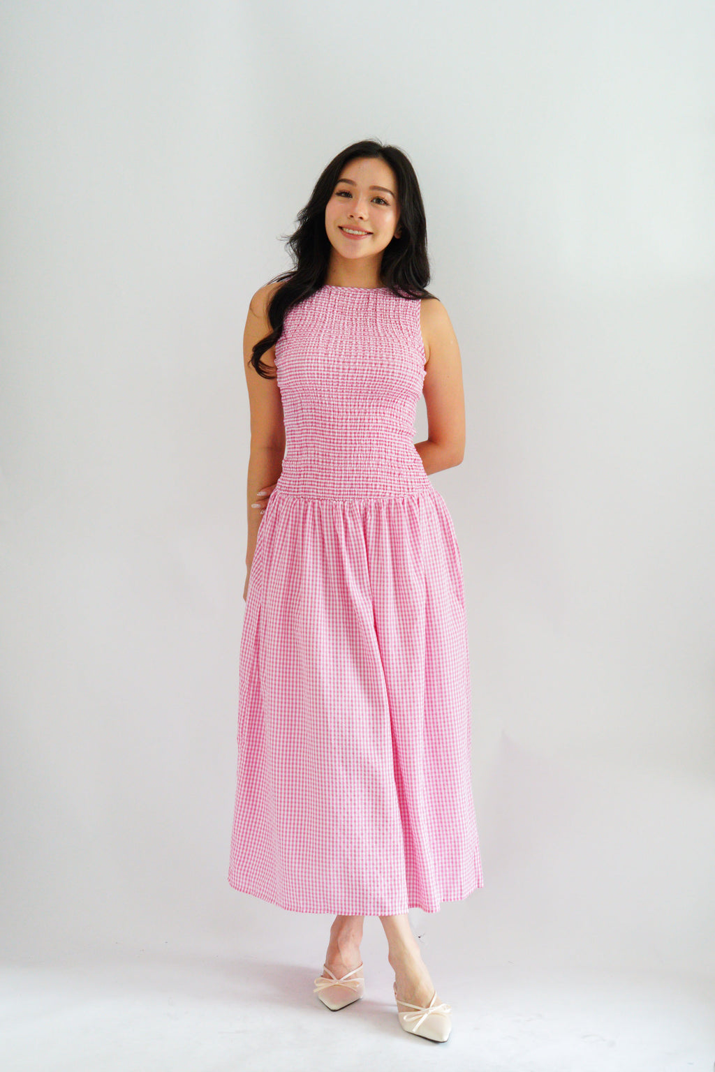 Seaki Gingham High Neck Smocked Maxi Dress in Pink