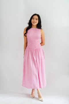 Seaki Gingham High Neck Smocked Maxi Dress in Pink